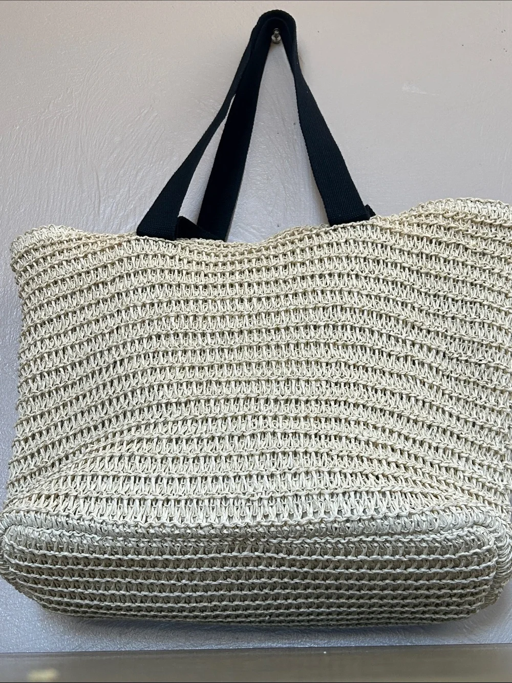 Divided Woven Straw Tote Bag with Black Straps - Neutral Color. NWOT.